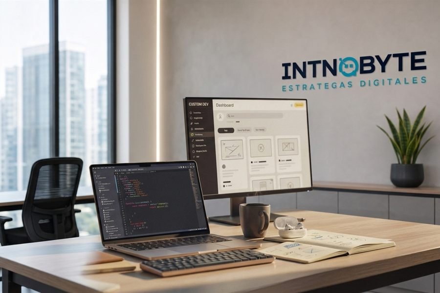 Escritorio con laptop y monitor mostrando un dashboard de desarrollo a medida