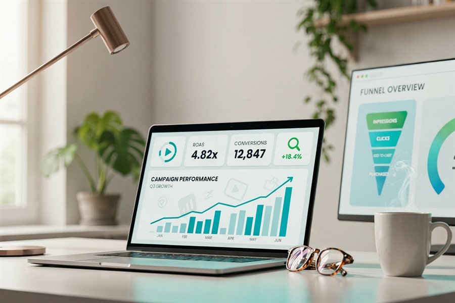 Dashboard de campaña con ROAS 4.82x y crecimiento de conversiones
